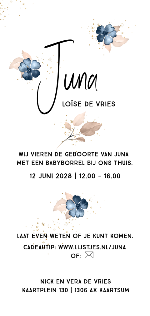 Stijlvolle uitnodiging kraamfeest met blauwe aquarel bloemen