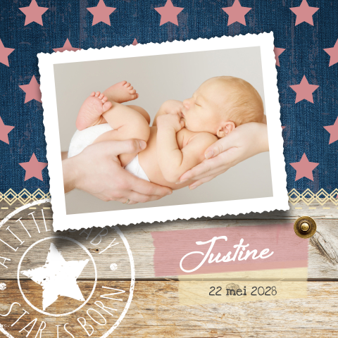 Hip foto babykaartje meisje met demin en sterren