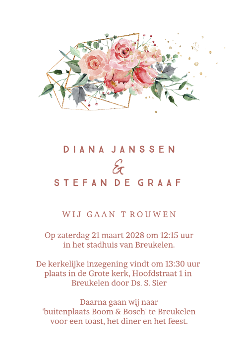 Bohemian trouwkaart met rose rozenkrans in watercolor