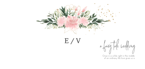 Stijlvolle panorama trouwkaart met initialen en liefdes gedicht