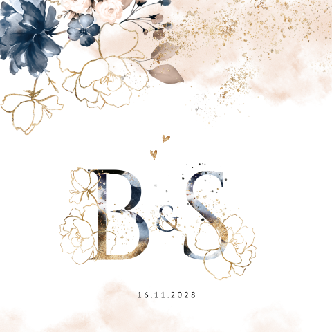 Botanische trouwkaart met bloemen initialen in blauw en goud