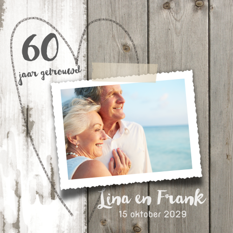 Unieke foto 60 jarig huwelijks jubileumkaart hout