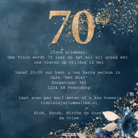 uitnodiging 70ste verjaardag donkerblauw