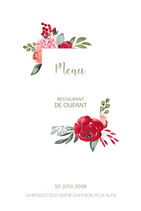 Chique menukaart met zomerse bloemen en goudlook kader