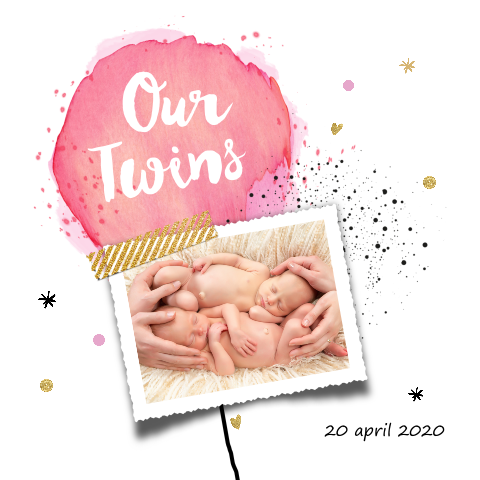Meisjes babykaartje voor tweeling in watercolour met ballonnen