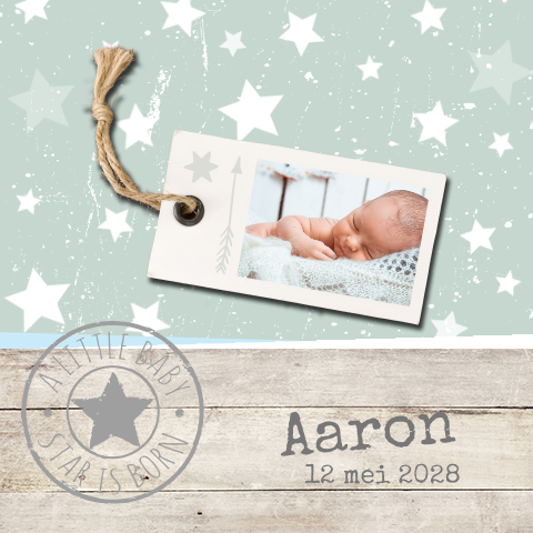 Hip foto geboortekaartje jongen hout, sterren en stempel