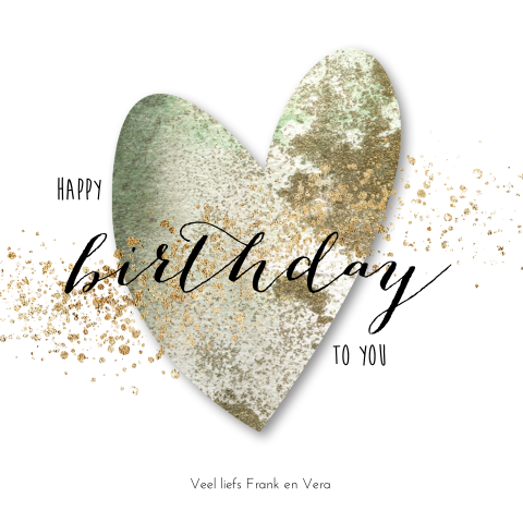Verjaardag felicitatiekaart met groen hart en goudspetters