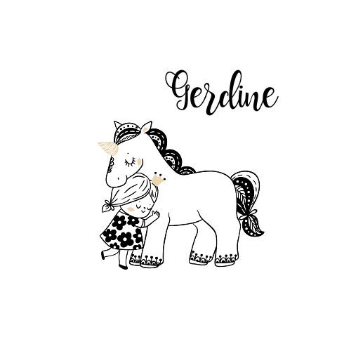 Lief prinses geboortekaartje zwart wit illustratie meisje unicorn