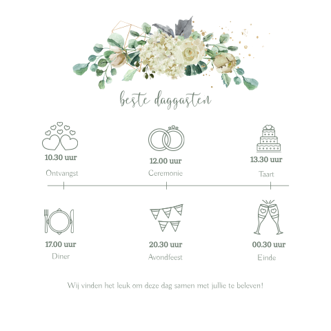 Witte rozen dagprogramma kaart details voor trouwdag