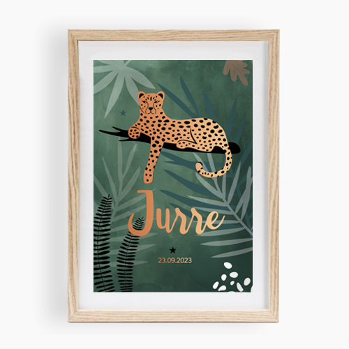 Jungle luipaard poster van geboortekaartje groen jongen koperfolie