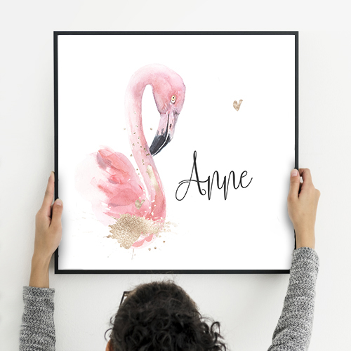 Poster geboortekaartje meisje flamingo met glitter look